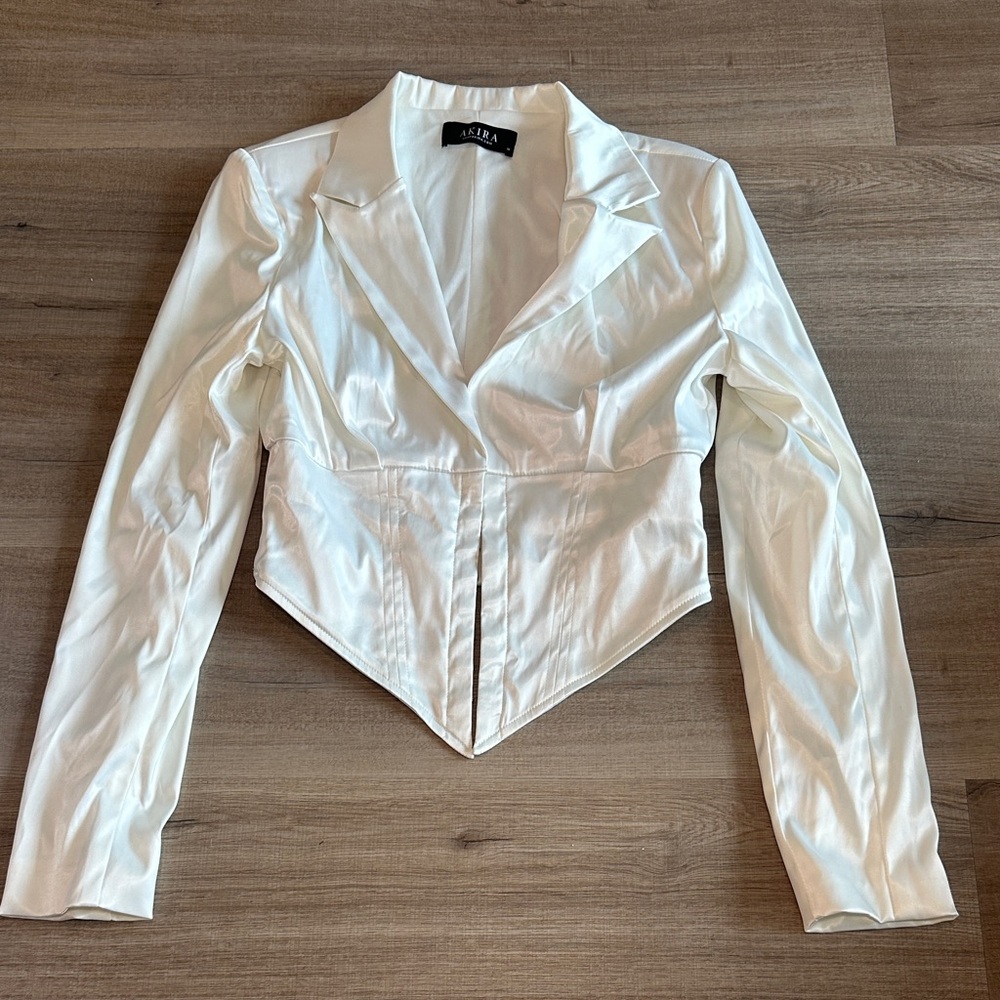 AKIRA Ivory Satin Cropped Peak-Lapel Blazer Corset Top